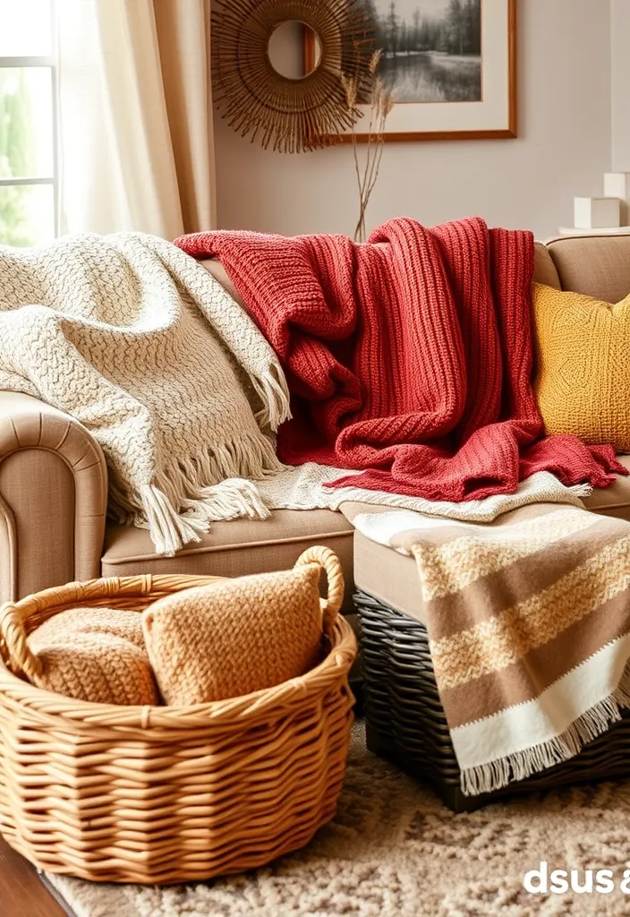 24 Cozy Living Room Design Ideas That Will Warm Your Heart! - 13. Warm Throws and Blankets