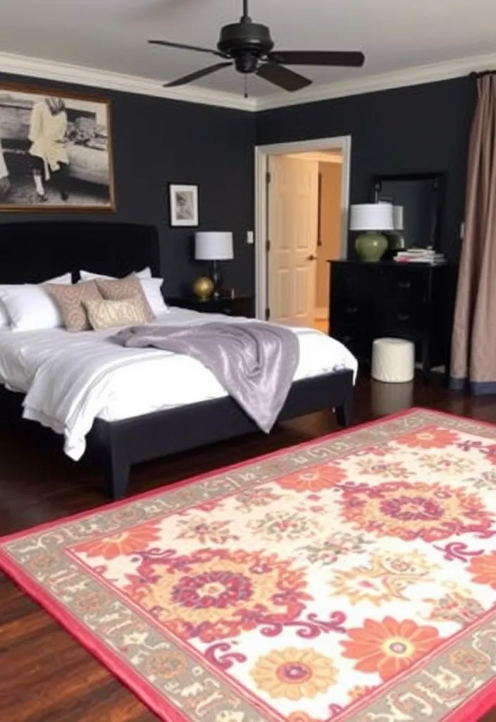 24 Dark Elegant Bedroom Ideas That'll Transform Your Space into a Luxurious Retreat! - 11. Statement Rugs
