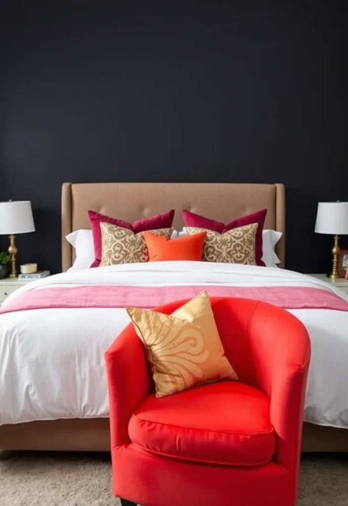 24 Dark Elegant Bedroom Ideas That'll Transform Your Space into a Luxurious Retreat! - 13. Bold Accent Colors