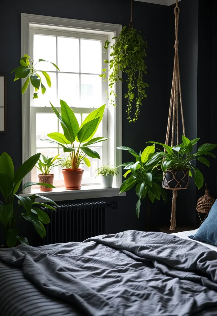 24 Dark Elegant Bedroom Ideas That'll Transform Your Space into a Luxurious Retreat! - 16. Greenery and Natural Elements