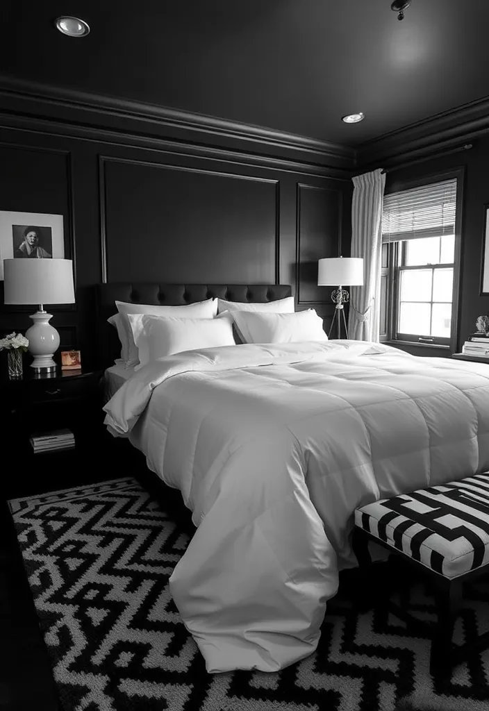 24 Dark Elegant Bedroom Ideas That'll Transform Your Space into a Luxurious Retreat! - 20. Classic Black and White