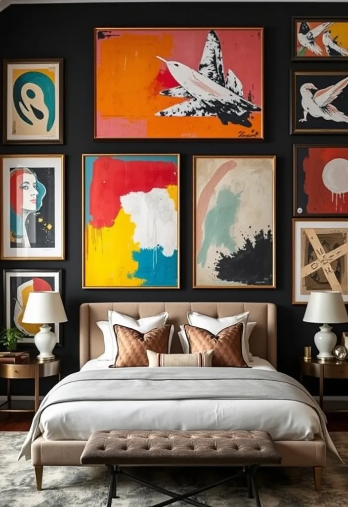 24 Dark Elegant Bedroom Ideas That'll Transform Your Space into a Luxurious Retreat! - 9. Artistic Wall Decor