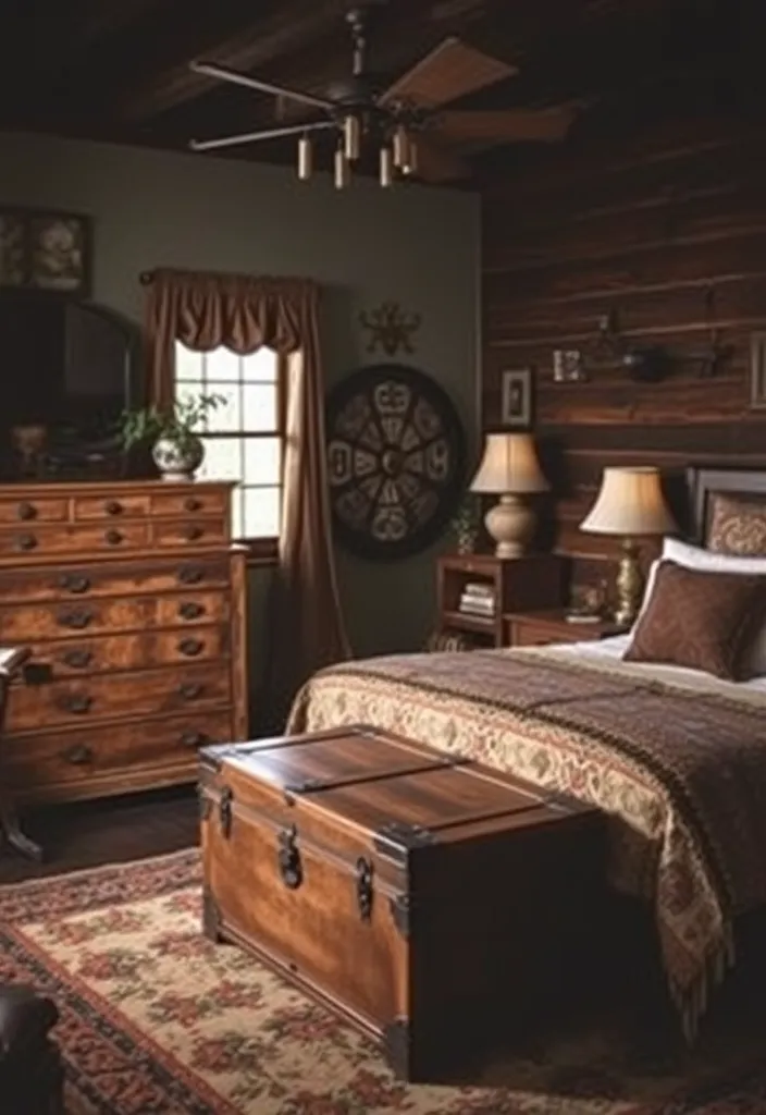 24 Dark Western Bedroom Ideas That’ll Make You Feel Like You’re in a Movie! - 11. Antique Furniture Finds