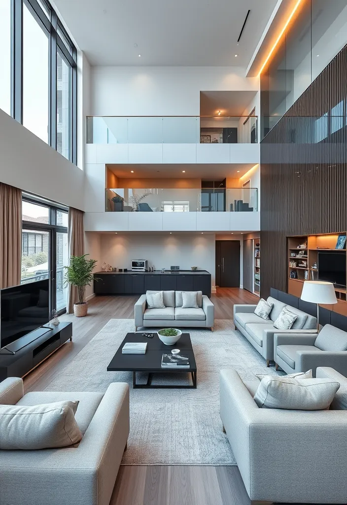 24 Double Height Living Room Ideas That'll Make You Want to Redecorate Immediately! - 11. Tech-Savvy Space