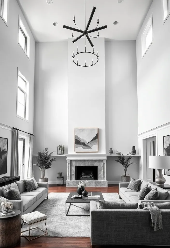 24 Double Height Living Room Ideas That'll Make You Want to Redecorate Immediately! - 17. Monochromatic Magic