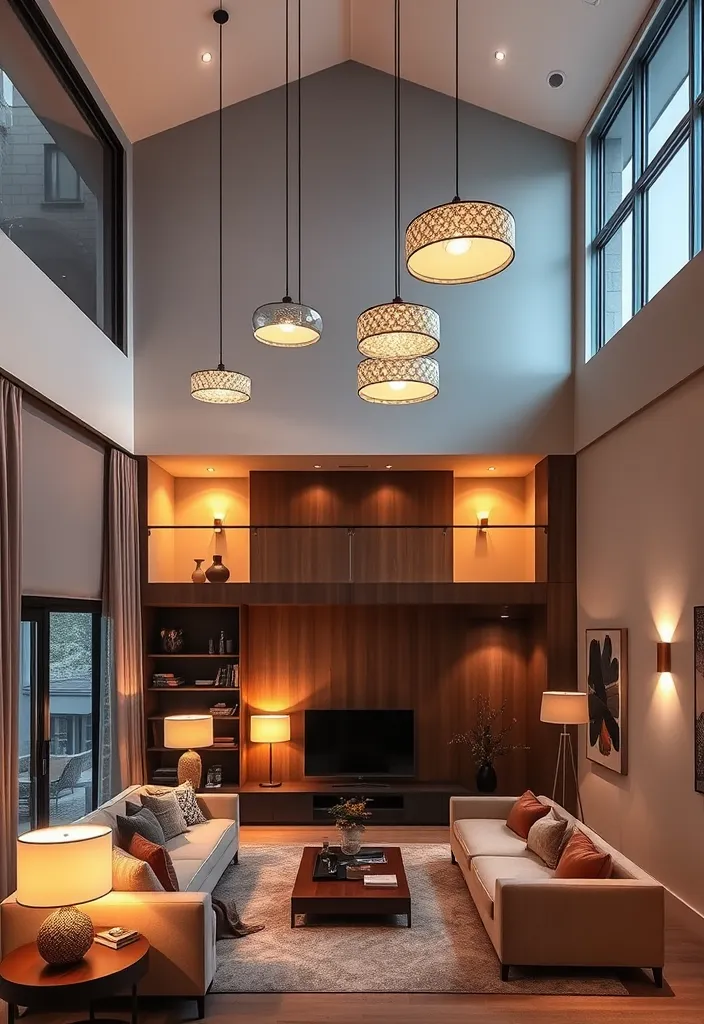 24 Double Height Living Room Ideas That'll Make You Want to Redecorate Immediately! - 22. High-Tech Lighting