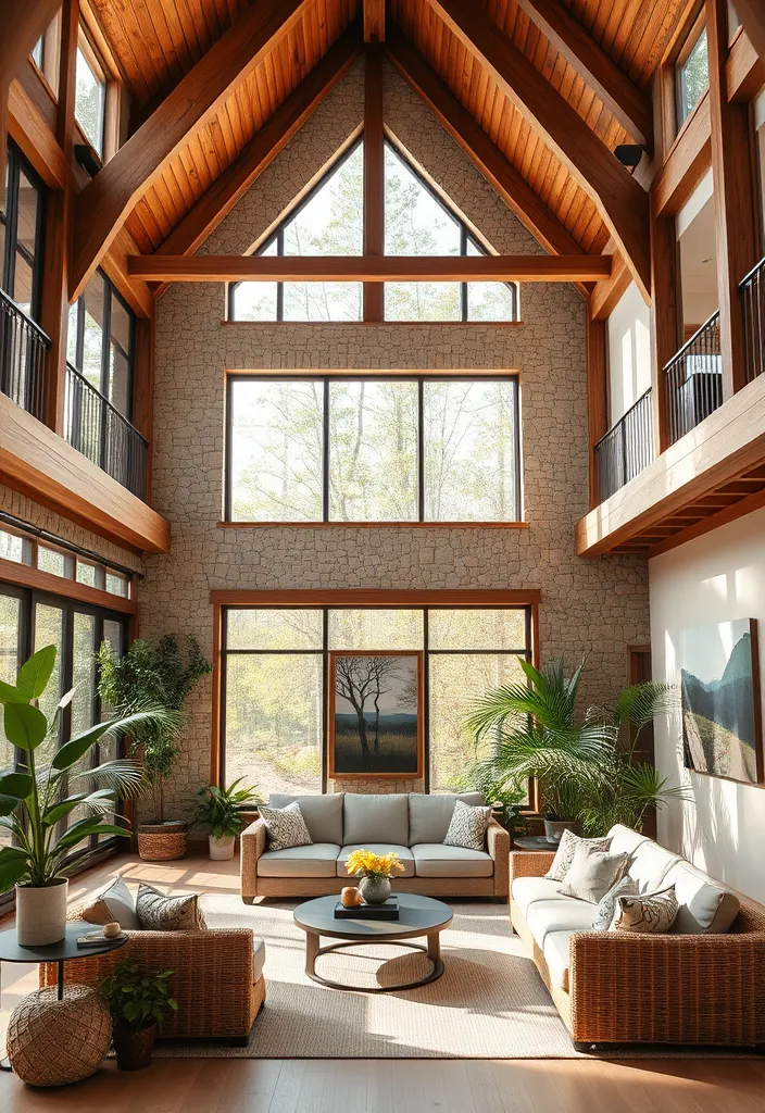 24 Double Height Living Room Ideas That'll Make You Want to Redecorate Immediately! - 5. Nature-Inspired Retreat