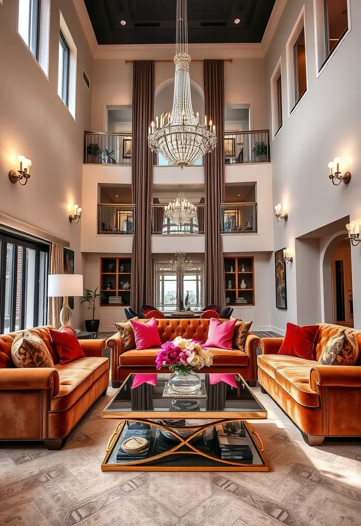 24 Double Height Living Room Ideas That'll Make You Want to Redecorate Immediately! - 6. Modern Glam