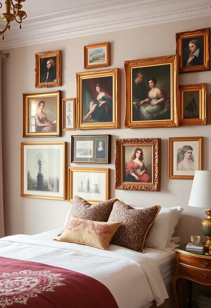 24 Old Money Bedroom Ideas That'll Make You Feel Like Royalty! - 7. Vintage Artwork: Framed Masterpieces