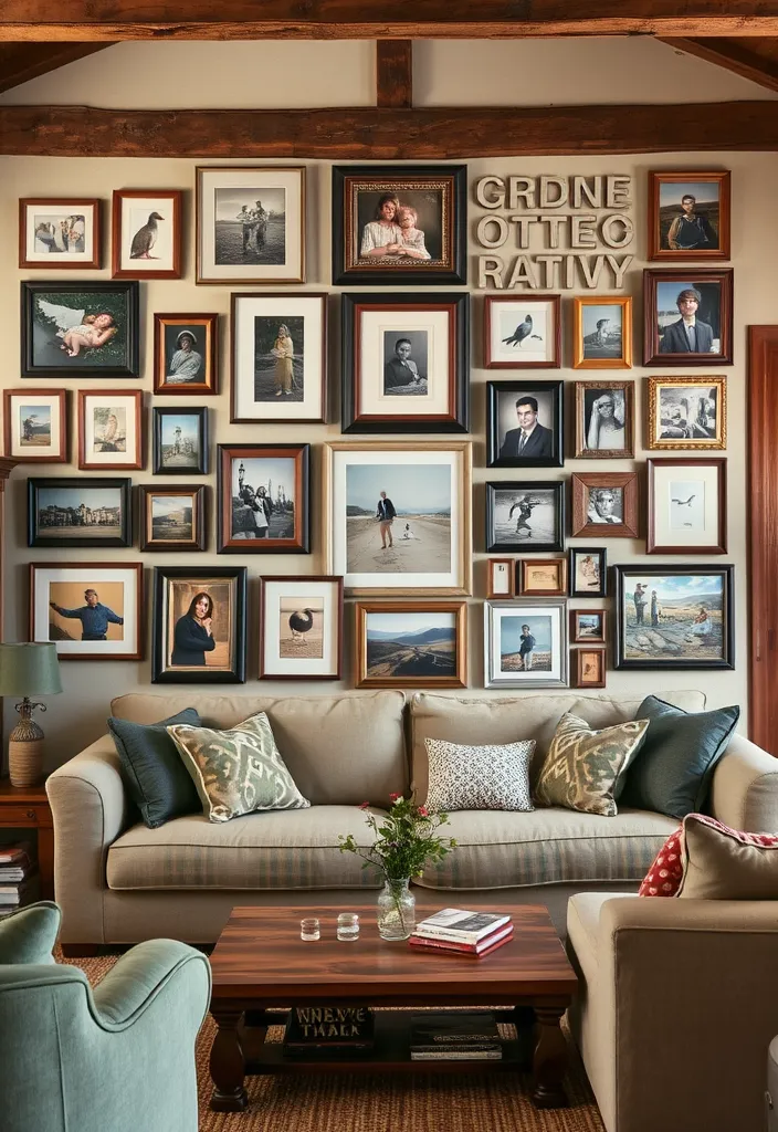 24 Rustic French Country Living Room Ideas That'll Make You Say 'I Need This in My Home!' - 21. Gallery Wall of Memories