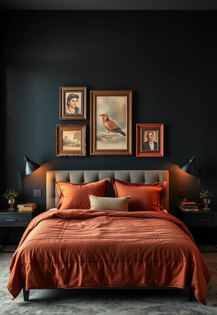 25 Black and Rust Bedroom Ideas That'll Transform Your Space into a Cozy Retreat! - 1. Bold Black Accent Walls