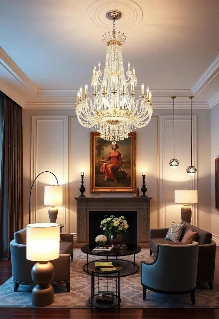 25 Stunning Formal Living Room Ideas That Will Transform Your Space! - 12. Artistic Lighting for a Dramatic Impact