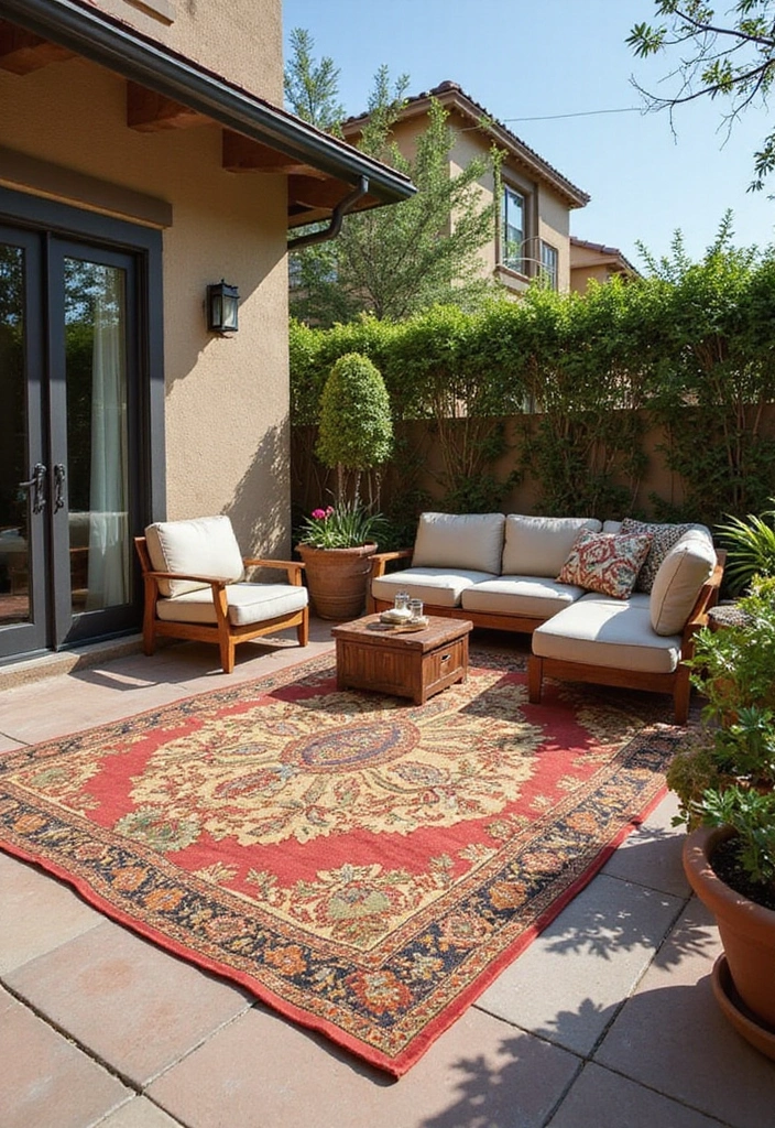 19 Patio Decorating Ideas for Cozy Outdoor Living - 5. Outdoor Rugs