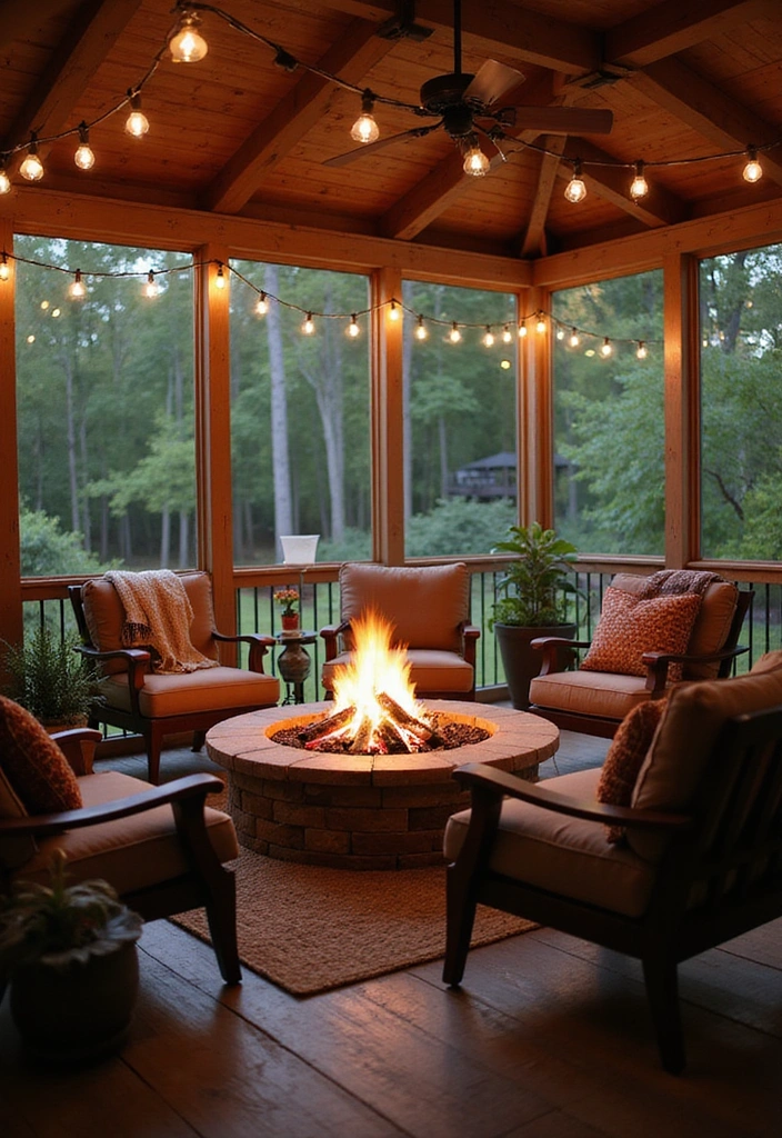 19 Screened In Back Porch Ideas - 15. Fire Pit Gathering Spot
