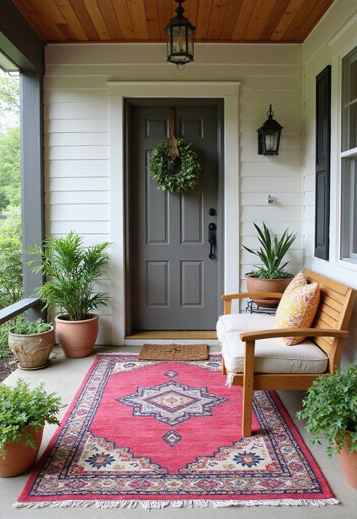 19 Small Front Porch Decorating Ideas - 12. Outdoor Rugs for Comfort