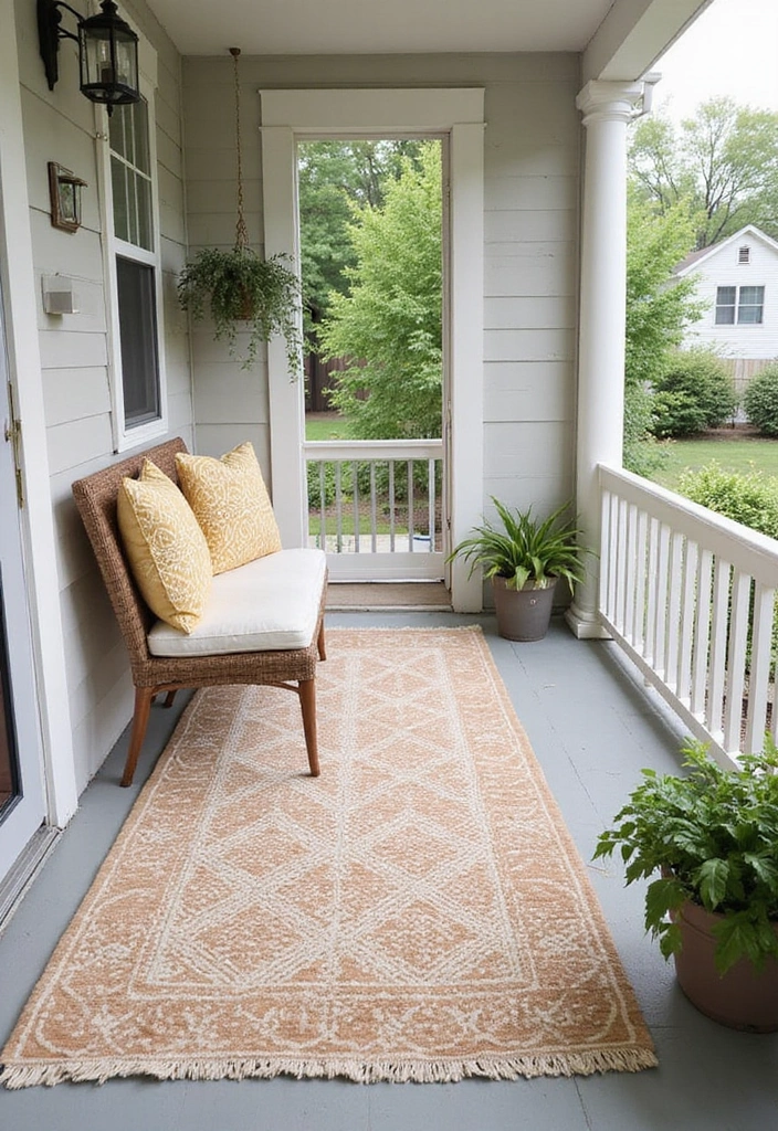 19 Small Front Porch Ideas for a Minimalist Touch - 8. Cozy Outdoor Rugs