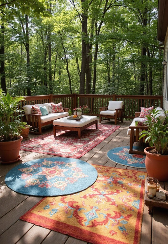 20 Beautiful Decks Ideas for Outdoor Living - 10. Colorful Outdoor Rugs