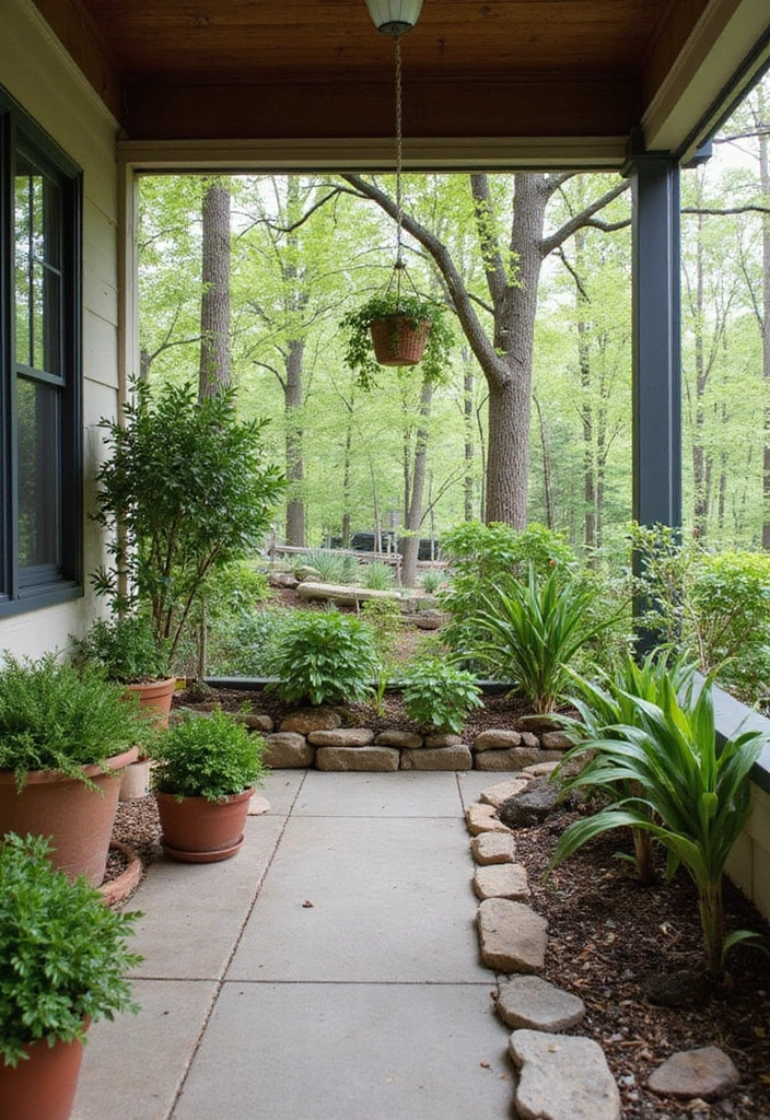 20 Eco-Friendly Enclosed Porch Ideas for Outdoor Living - 10. Natural Elements in Porch Landscaping