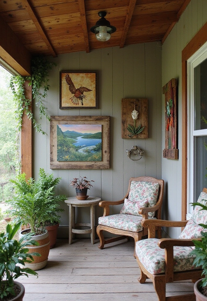 20 Eco-Friendly Enclosed Porch Ideas for Outdoor Living - 13. Incorporate Art for Personal Touch