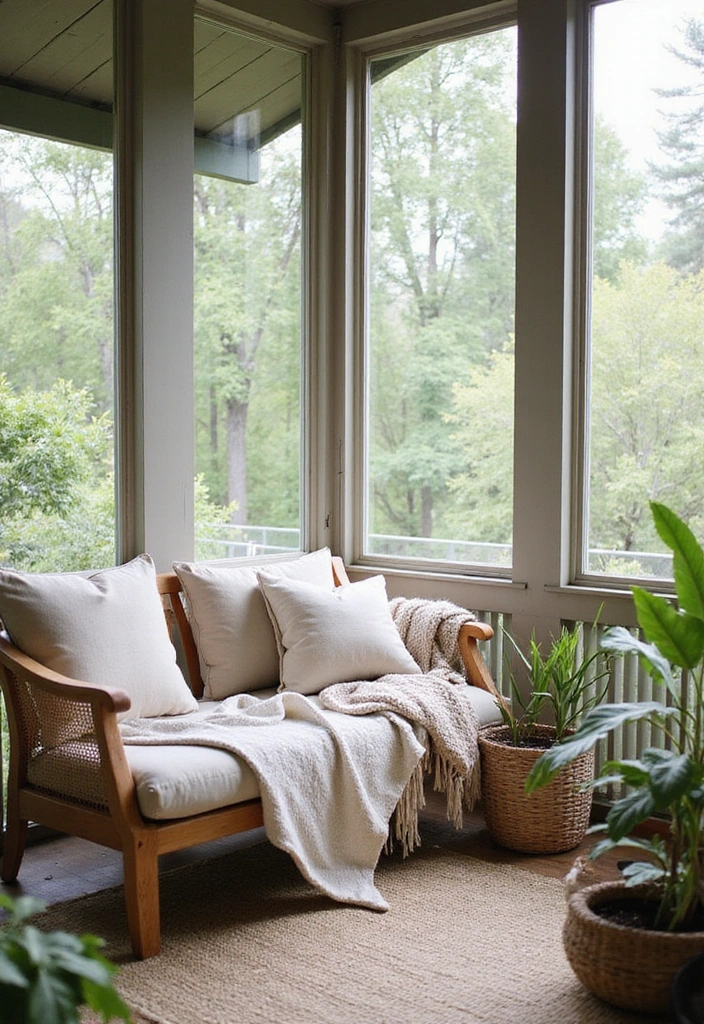20 Eco-Friendly Enclosed Porch Ideas for Outdoor Living - 8. Cozy Textiles for Comfort