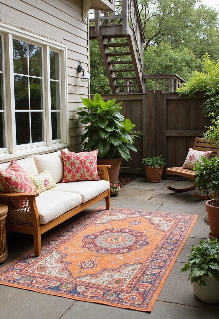 20 Small Patio Decorating Ideas for Cozy Outdoor Living - 17. Use Outdoor Rugs to Define Spaces