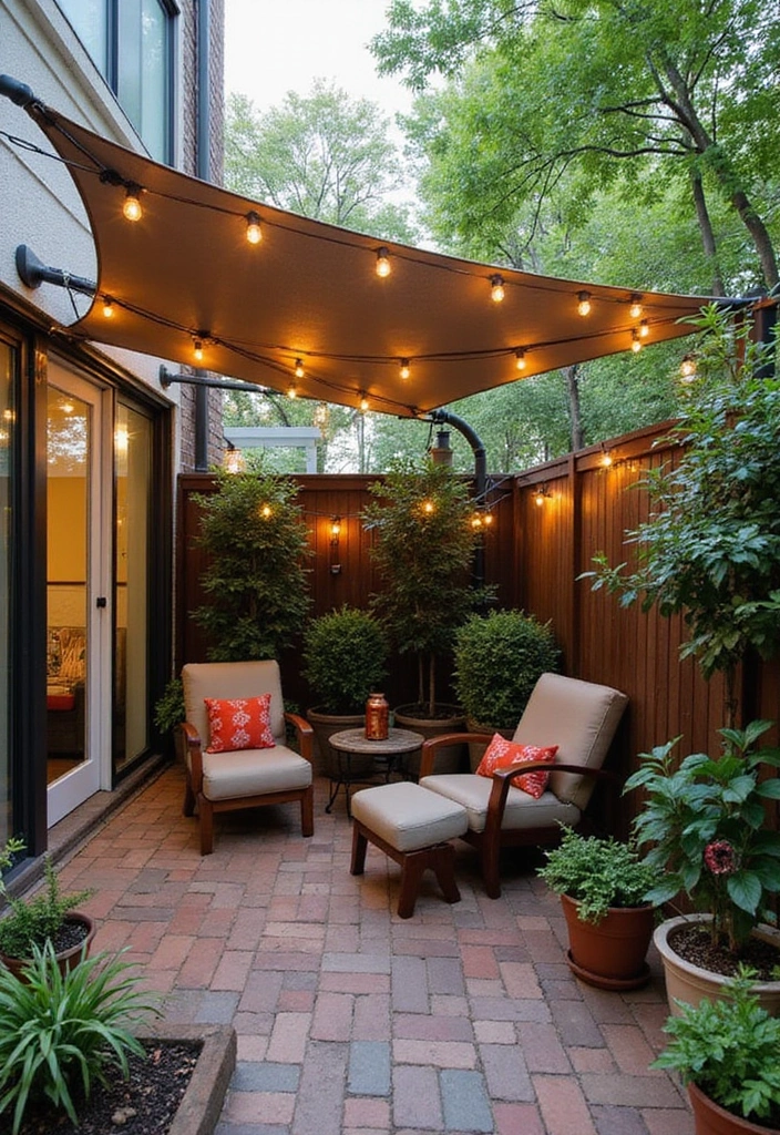 20 Small Patio Decorating Ideas for Cozy Outdoor Living - 7. Install a Canopy or Shade Structure