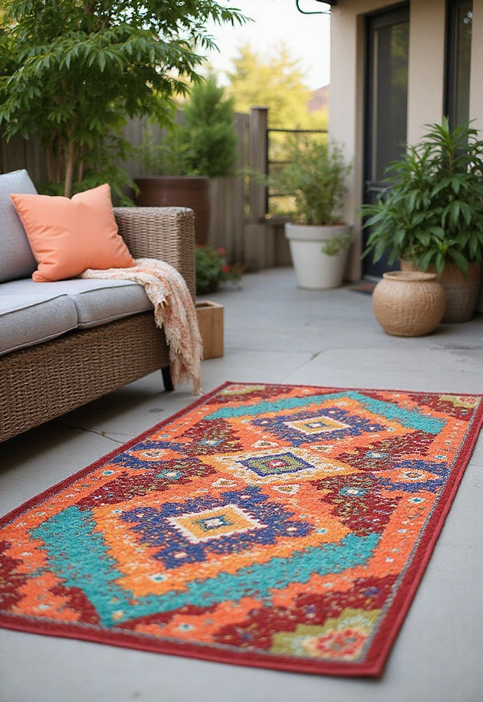 21 Back Patio Ideas for Small Space Outdoor Living - 7. Colorful Outdoor Rugs