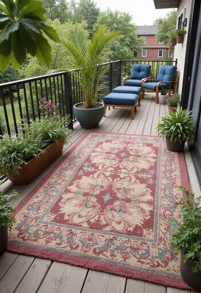 21 Balcony Plants Ideas for Small Spaces - 14. Outdoor Rug for Comfort