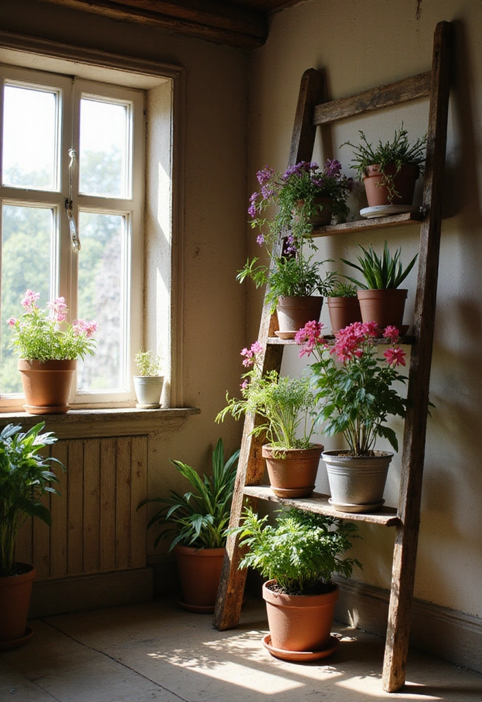 21 Flower Garden Ideas for Stunning Indoor Decor - 3. Flower Ladder: Rustic Charm