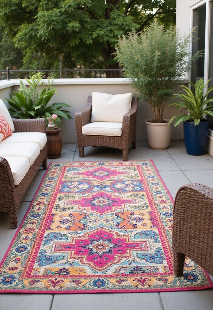 21 Small Outdoor Patio Ideas - 4. Colorful Outdoor Rugs