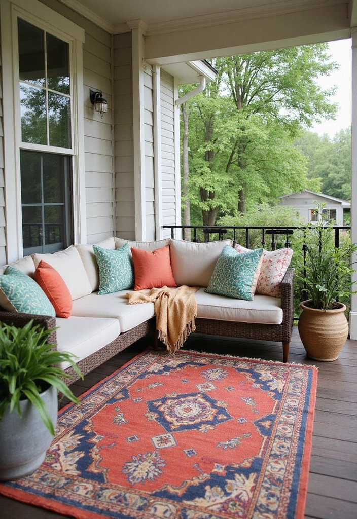 21 Small Porch Ideas for Urban Outdoor Living - 7. Outdoor Rugs for Comfort