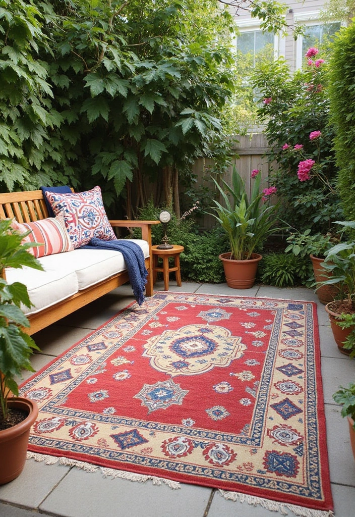 21 Tiny Patio Ideas for Cozy Outdoor Living - 5. Patterned Rugs: Outdoor Color and Comfort