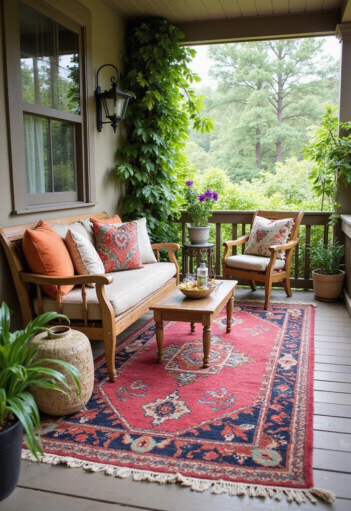 22 Porch Ideas Entrance for Bohemian Outdoor Living Spaces - 20. Colorful Outdoor Rugs