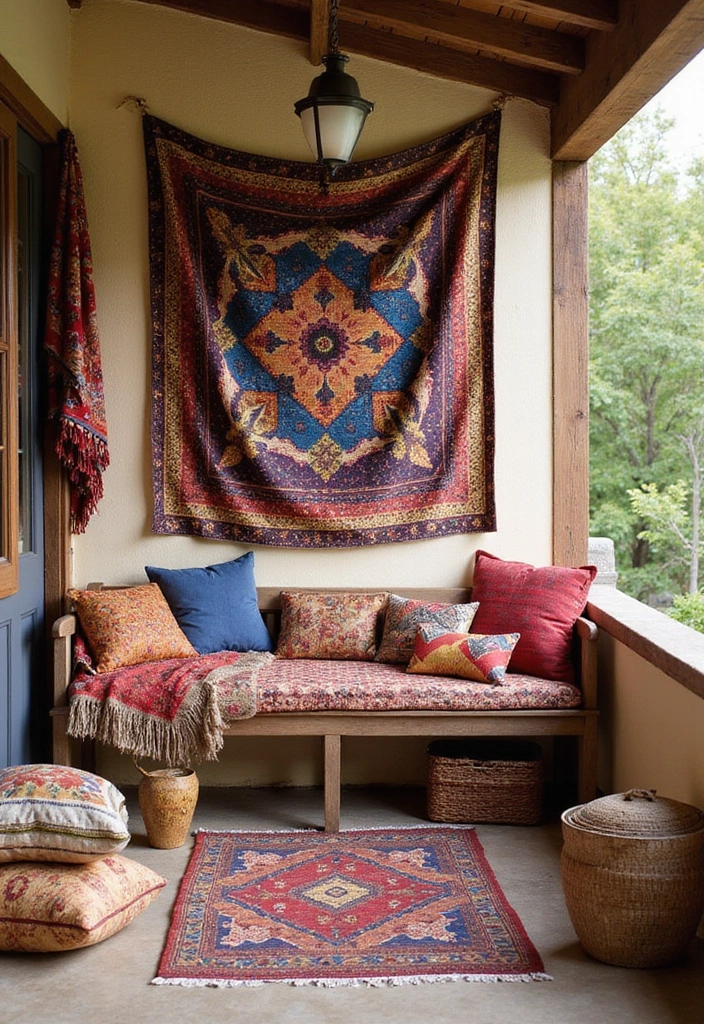 22 Porch Ideas Entrance for Bohemian Outdoor Living Spaces - 5. Ethnic Textiles and Patterns
