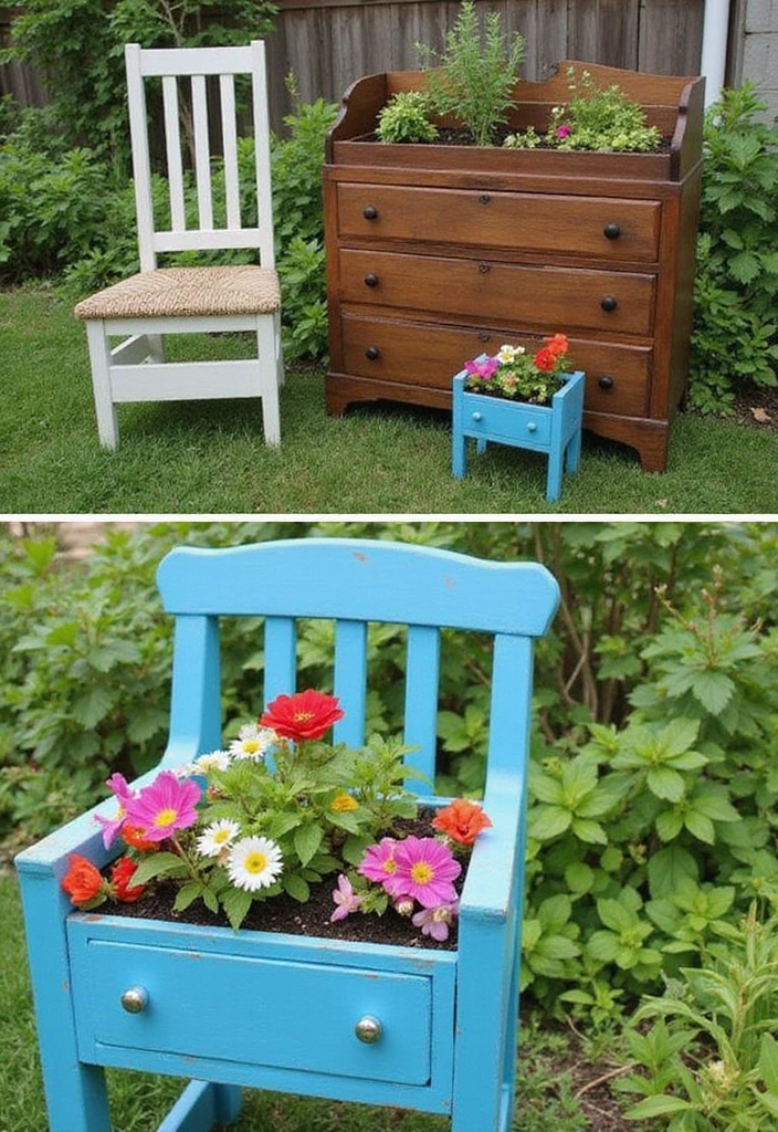 23 Cheap Backyard Ideas for Affordable Outdoor Living - 8. Repurposed Furniture Planters