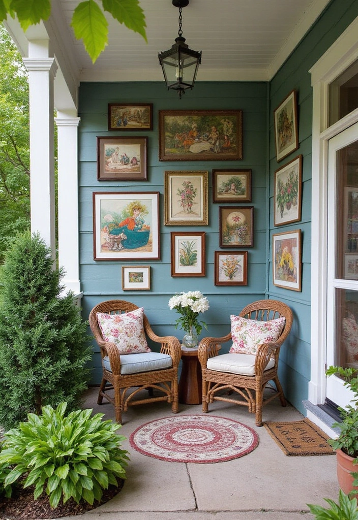 23 Double Wide Front Porch Ideas for Cozy Outdoor Living - 12. Artistic Gallery Wall