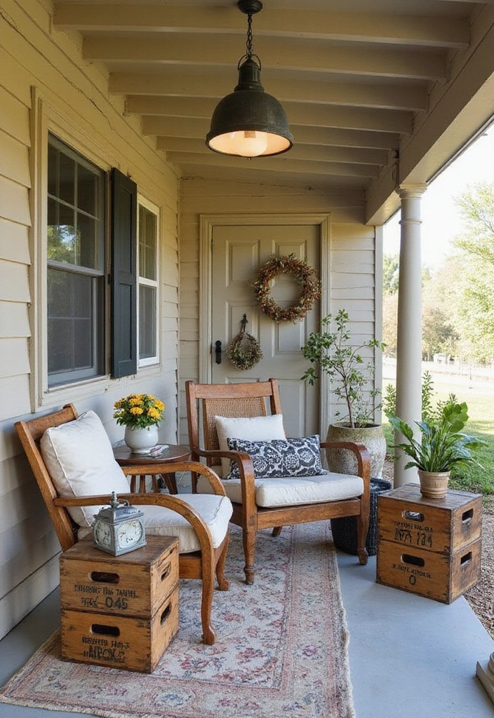 23 Double Wide Front Porch Ideas for Cozy Outdoor Living - 14. Vintage Charm with Repurposed Items