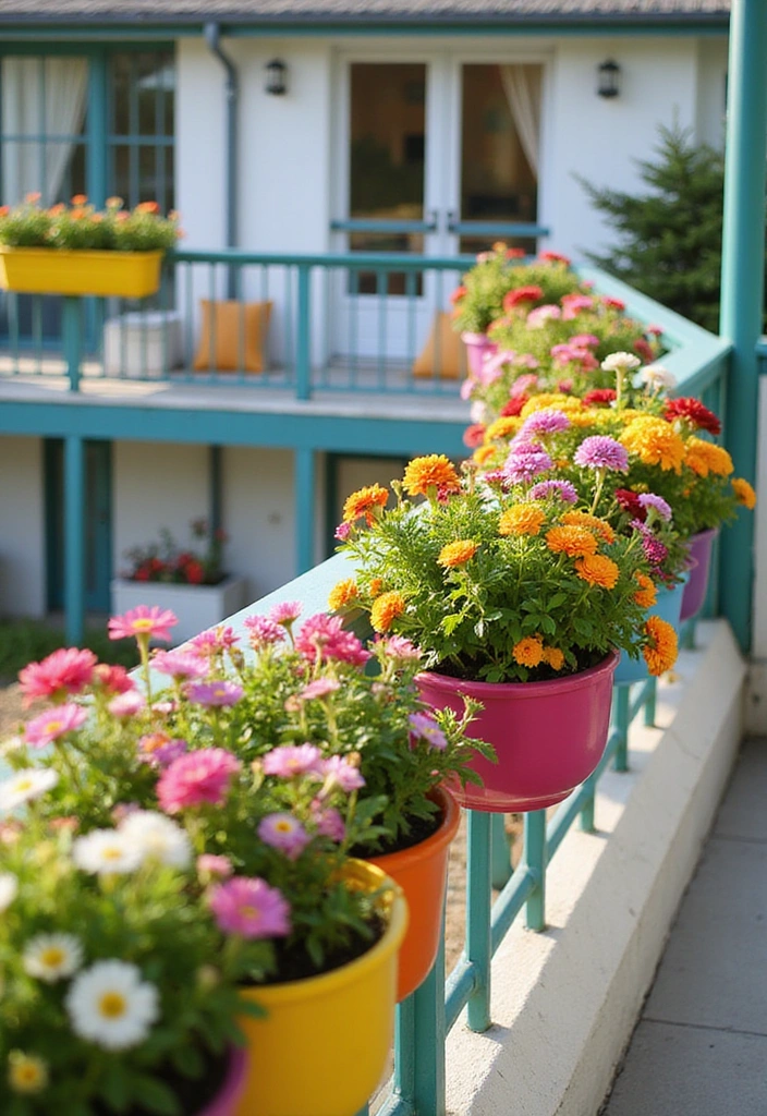 23 Hanging Plants Indoor Ideas for Outdoor Living Spaces - 17. Colorful Railing Planters