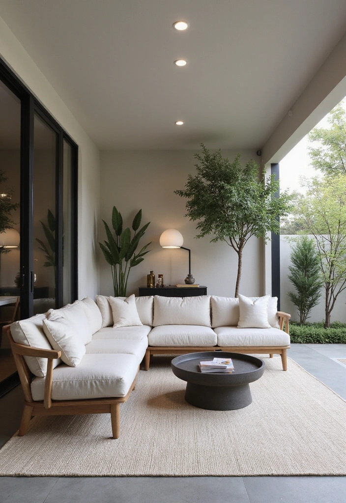 24 Eco-Friendly Outdoor Living Room Ideas for Covered Patios - 12. Minimalist Elegance