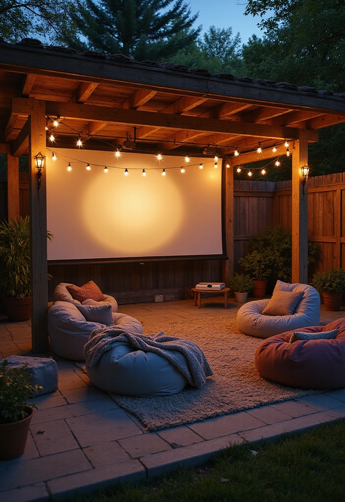 24 Eco-Friendly Outdoor Living Room Ideas for Covered Patios - 16. Outdoor Movie Night Setup