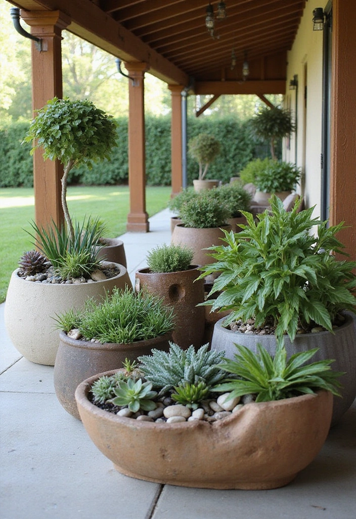 24 Eco-Friendly Outdoor Living Room Ideas for Covered Patios - 17. Artistic Planters