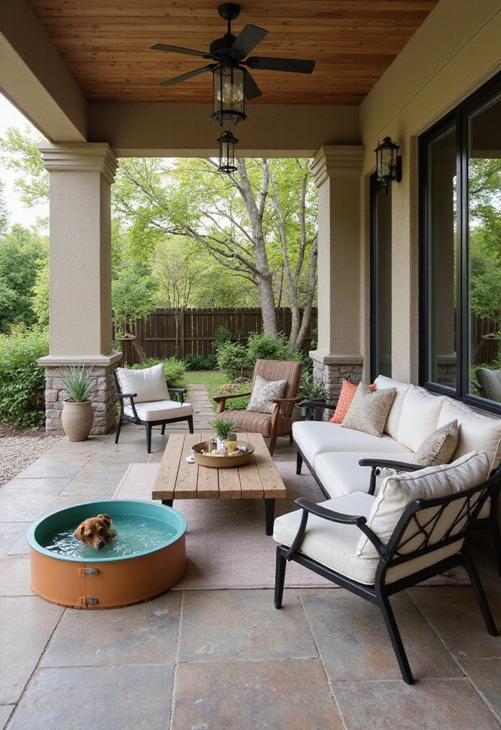 24 Eco-Friendly Outdoor Living Room Ideas for Covered Patios - 19. Pet-Friendly Retreat