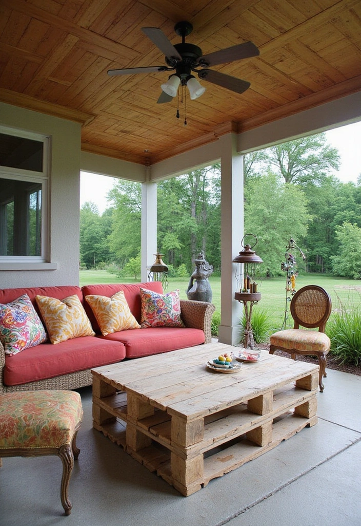 24 Eco-Friendly Outdoor Living Room Ideas for Covered Patios - 21. Upcycled Decor
