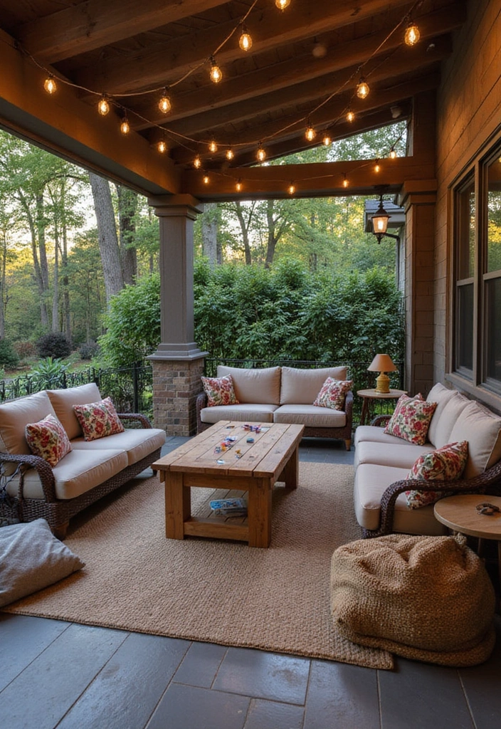 24 Eco-Friendly Outdoor Living Room Ideas for Covered Patios - 23. Family Game Night Area