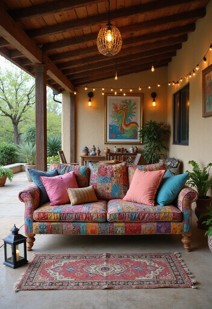 24 Eco-Friendly Outdoor Living Room Ideas for Covered Patios - 4. Artistic Lounge Area