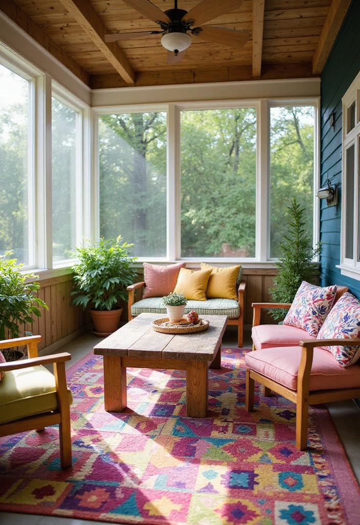 24 Screened In Porch Decorating Ideas - 2. Vibrant Outdoor Rugs