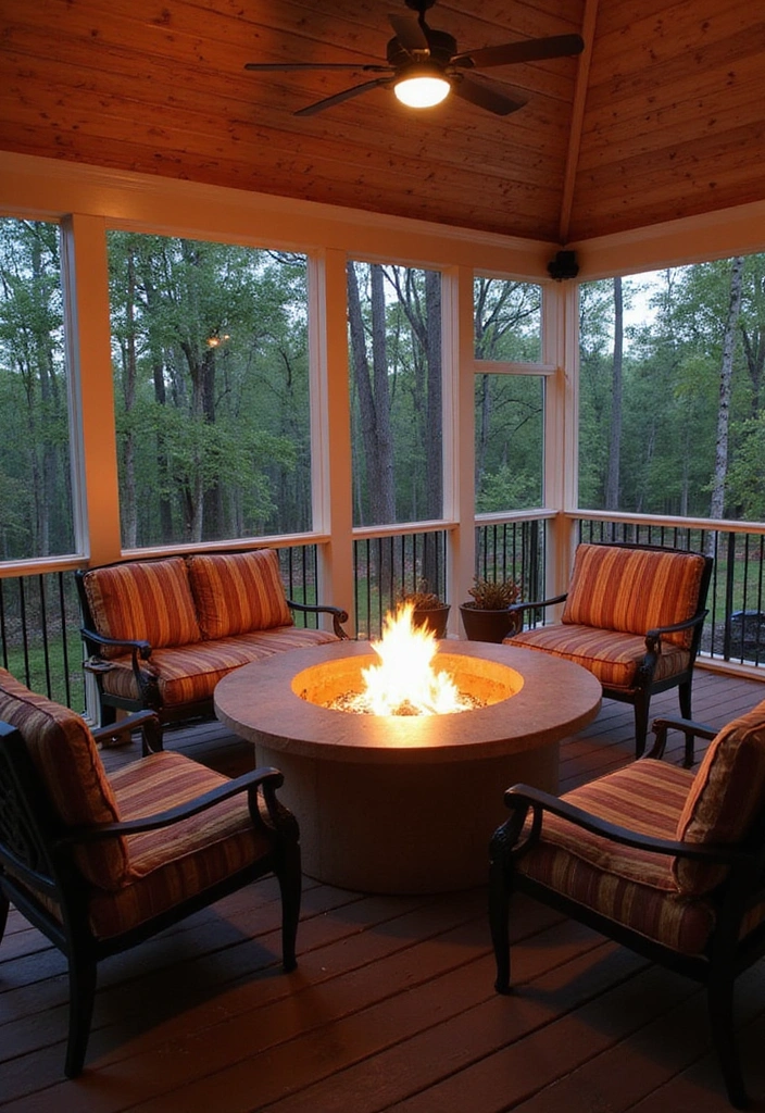 24 Screened In Porch Decorating Ideas - 20. Outdoor Fire Pit