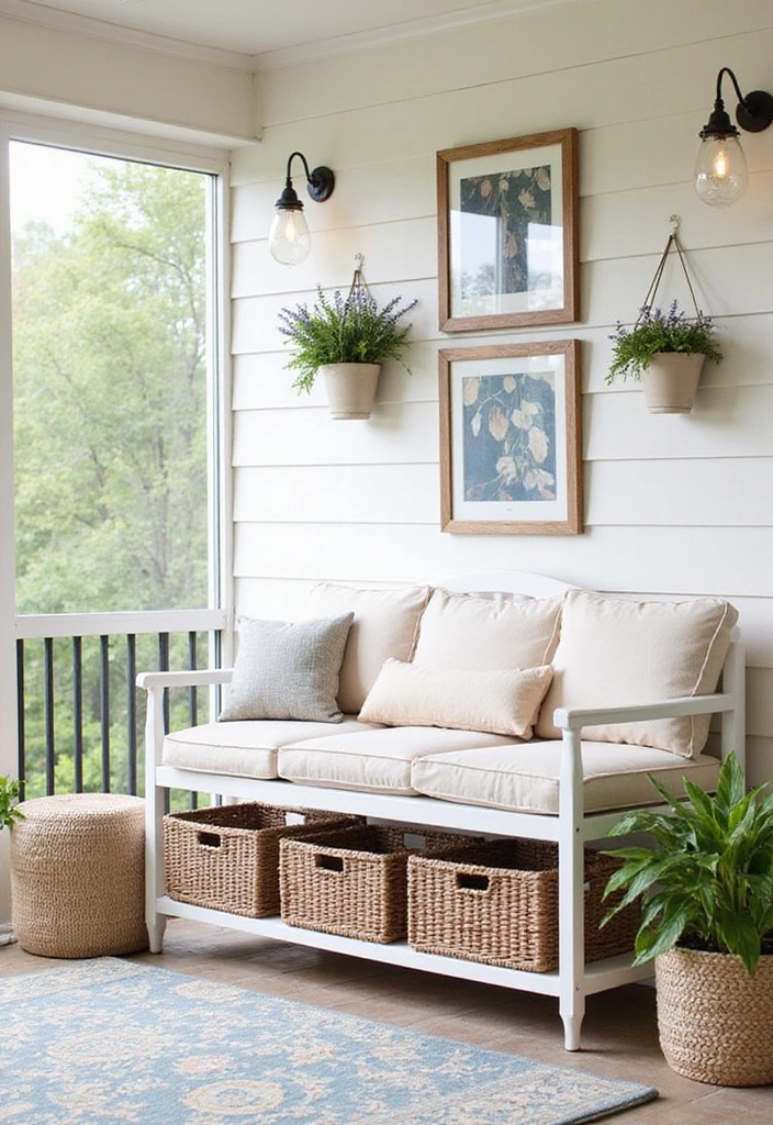 24 Screened In Porch Decorating Ideas - 22. Creative Storage Solutions