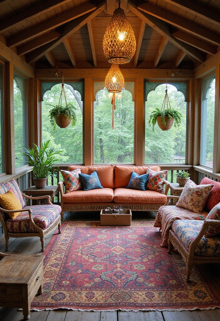 24 Screened In Porch Decorating Ideas - 6. Bohemian Vibes