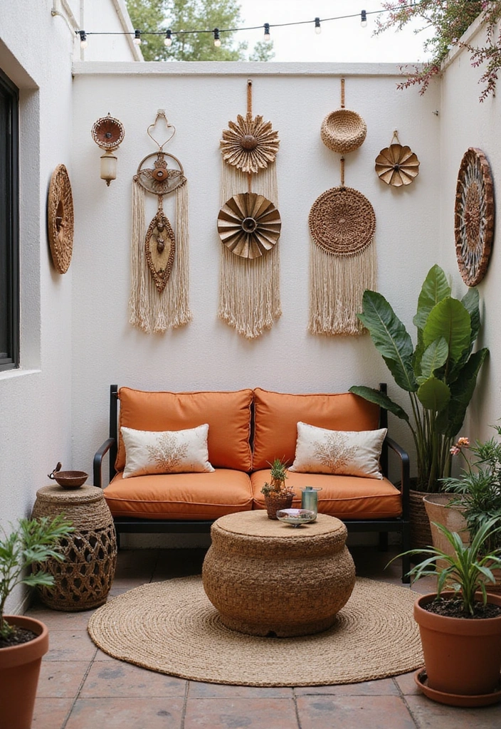 24 Small Patio Ideas for Cozy Outdoor Living - 22. Artistic Wall Hangings